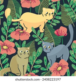 Seamless botanical pattern with animals and plants. Cute surface design in a retro motif: pretty hand drawn cats, kittens among flowers, leaves. Vector illustration. Cartoon fabric, wallpaper print. 