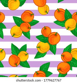 Patrón botánico sin soldadura con albaricoques y hojas sobre fondo rayado. Ilustración vectorial.
