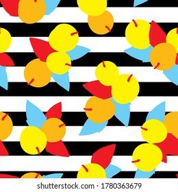 Patrón botánico sin soldadura con albaricoques y hojas sobre fondo rayado. Ilustración vectorial.