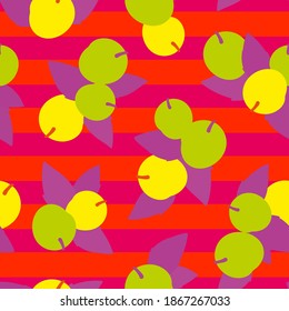 Seamless botanical pattern with apricots and leaves on striped background. Vector illustration.