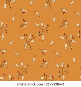 Seamless botanical pattern with autumn botany, falling branches and leaves on a yellow background. Botanical print with decorative hand drawn plants, small flowers, leaves on twigs. Vector.