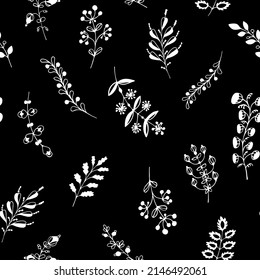 A seamless botanical pattern, a background with hand-drawn herbal elements, doodle plants in black and white, doodles of herbs and flowers