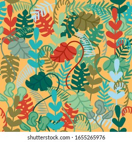 Seamless botanical pattern background with jungle florals, vector illustration in popular art style