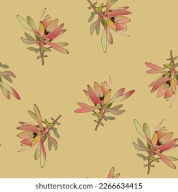 Nahtloses botanisches Muster mit schönen blühenden Zweigen von Leucadendron oder Conebush. Auf gelbem Hintergrund.