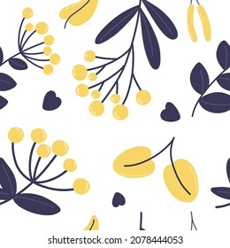 Seamless botanical pattern with berries and leaves. Pattern for fabric, print, baby clothes, wrapping paper, blog, collage, covers.
