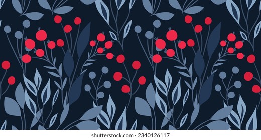 Seamless botanical pattern with berry branches and leaves on a dark blue background. Floral print in a hand-drawn style. Branches with berries in a rich red-blue color palette. Vector illustration