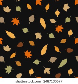 Seamless botanical pattern. Black square background with fallen leaves in autumn color palette with linen texture. Vector illustration for printing on fabric, wallpaper, packaging, etc.