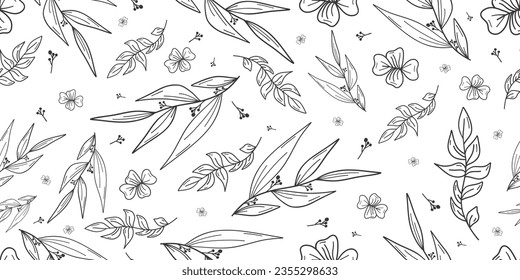 
Seamless botanical pattern. Black and white linear plants and berries. Hand drawn set of graphic floral and herbal elements on a white background.