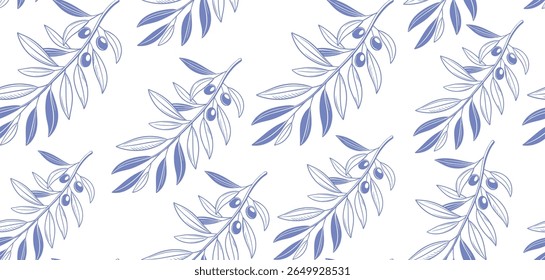 Seamless botanical pattern of blue olive branches with leaves and fruits on a white background. Perfect for Mediterranean-inspired design, packaging, textiles, and elegant natural 