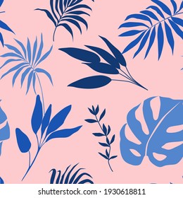 Patrón botánico sin foco con palma de hojas tropicales azules, monstera en una ilustración de fondo rosa vectorial. Textura con plantas exóticas para tela.