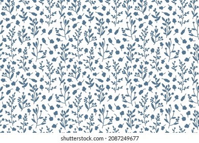 Seamless botanical pattern in blue and white. All over abstract floral print.