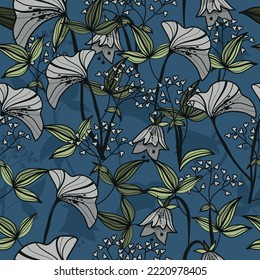 Seamless botanical pattern. A bouquet of wild and home flowers. Floral print. Spring. Graphic, abstract flowers. A postcard for March 8. International Women's Day! Print for wallpaper, bags.