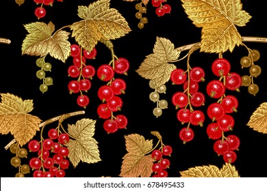 Seamless botanical pattern with branches and berries of red currant on black background. Vintage. Victorian style. Vector illustration. Template for kitchen design, packaging for food, paper, textiles