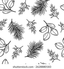Seamless botanical pattern with branches, leaves and coniferous hand drawn black white outline vector. Winter foliage line art repeat design for Christmas packaging, holiday botany prints, textile.