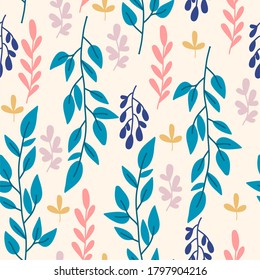 Seamless Botanical pattern, bright colorful plants, leaves, branches, perfect for decoration, pattern for fabric or wrapping paper
