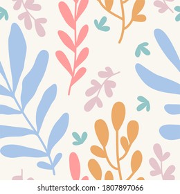 Seamless Botanical pattern, bright leaves and branches on a light beige background, ideal for interior decoration, drawing on fabric or poster