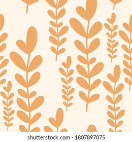 Seamless Botanical pattern, bright leaves and branches on a light beige background, ideal for interior decoration, drawing on fabric or poster