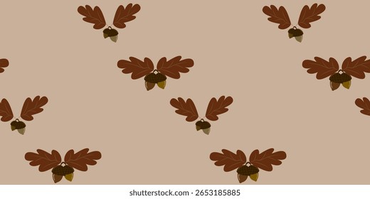 Seamless botanical pattern of brown oak leaves and acorns, arranged horizontally on pale brown background. Neutral autumnal design ideal for rustic autumn textiles and fall home decor.