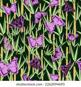 Patrón botánico sin soldadura con mariposas en hojas de bambú ilustración vectorial 