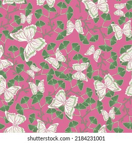 Seamless botanical pattern with butterflies and ginkgo biloba leaves on a pink background 