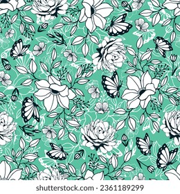 Seamless botanical pattern, butterfly flowers. Vector stock illustration eps10.