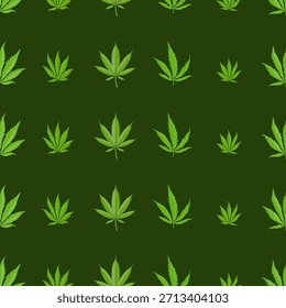 Patrón botánico sin fisuras con hojas de cannabis sobre un fondo verde oscuro, ideal para temas de marihuana medicinal, diseño de farmacia, embalaje y textiles.