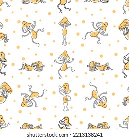 Patrón botánico sin foco. Hongos de dibujos animados. Fondo lineal. Para los niños ropa y papel de envoltura