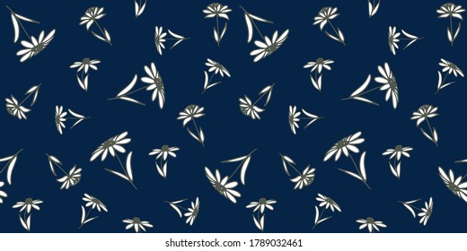 Seamless botanical pattern. Chamomile. Wildflowers, green leaves, branches. Vintage design for logo, wedding invitations, postcards, stickers, textile. Blue isolated background.