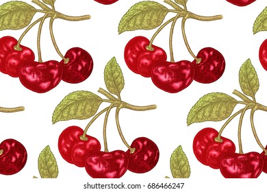 Seamless botanical pattern with cherry branches isolated on white background. Vector illustration vintage