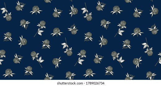 Seamless botanical pattern. Clover.  Wildflowers, green leaves, branches. Vintage design for logo, wedding invitations, postcards, stickers, textile. Blue isolated background.