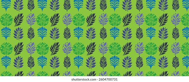 Seamless Botanical Pattern with Colorful Leaves on Green Background.