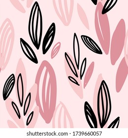 Seamless botanical pattern. Contemporary background. Collage design with abstract shapes. Hand drawn vector Illustration. Trendy texture for print, textile, wallpaper, packaging.