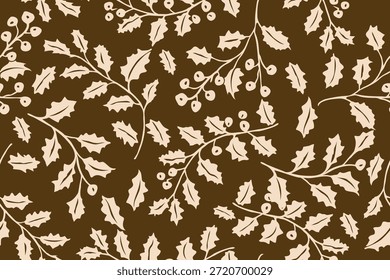 Un patrón botánico sin fisuras con hojas de acebo crema y bayas sobre un fondo marrón profundo, creando un diseño de naturaleza acogedor y elegante con un toque vintage.
