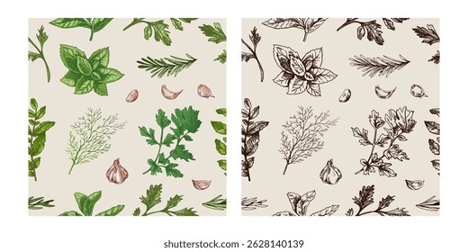 Padrão botânico sem costura com ervas culinárias, endro, salsa, hortelã, alecrim, alho e pimenta em estilo vintage gravado. Inclui versões coloridas e monocromáticas. Ideal para embalagens ecológicas, marcas