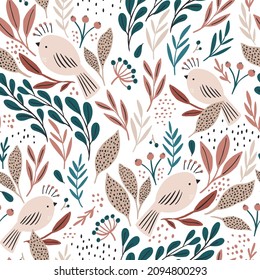 Seamless botanical pattern with cute birds and floral surrounding. Spring bird texture for fabric, textile, wallpaper. Vector illustration