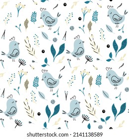 Seamless botanical pattern with cute birds and floral surrounding. Spring bird texture for fabric, textile, wallpaper. Vector illustration