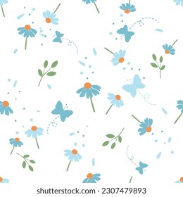Seamless botanical pattern with cute blue flower, green leaves and butterfly cartoons on white background vector illustration. Cute floral print.