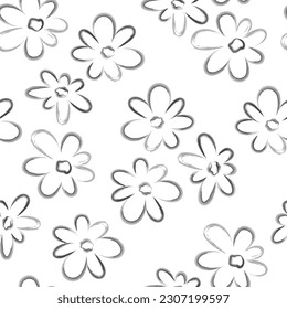 Seamless botanical pattern of daisies. Watercolor handmade painting of flowers in a naive style, childish  primitive drawing. Monochrome vector illustration isolated on white background.