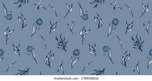 Seamless botanical pattern. Dandelions. Wildflowers, green leaves, branches. Vintage design for logo, wedding invitations, postcards, stickers, textile. Blue isolated background.