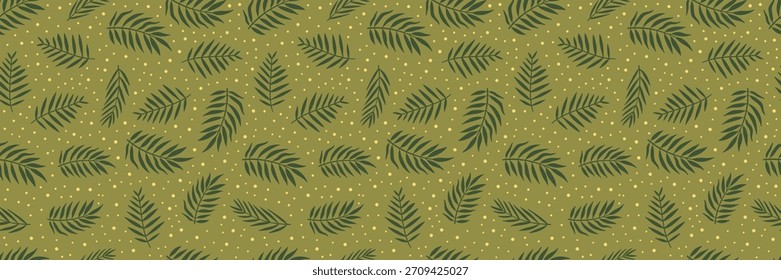 Seamless botanical pattern with dark green tropical leaves on an olive background. Natural, organic foliage design perfect for textiles, wrapping paper, wallpapers, and surface decor. Vector art