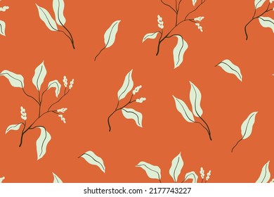 Seamless botanical pattern with decorative drawing branches. Elegant botanical background, beautiful floral print with small tassels of flowers, leaves on branches. Surface graphic design. Vector.