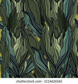 Nahtloses botanisches Muster. Dekorative Blätter für die Dekoration. Blumendruck. Frühling. Grafische, abstrakte Blumen. Postkarte für den 8. März. Internationaler Frauentag! Drucken Sie Tapete, Taschen.