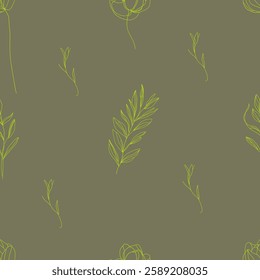 Seamless botanical pattern with delicate green leaves. Abstract line art grass. Minimalist and elegant design, perfect for textiles, wallpaper, and decor.
