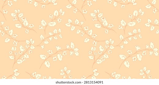 Seamless botanical pattern with delicate ivory flowering branches on a warm peach background. Elegant floral repeat for fabric, wallpaper, packaging, stationery and decor