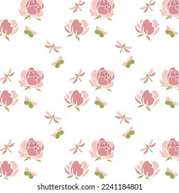 Seamless botanical pattern Delicate pink peonies with green leaves. Great for printing on fabric and paper.