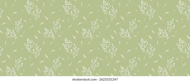 Seamless botanical pattern with delicate tiny branches and small leaves on a muted green, pastel mint background. Nature ornament for fabric, wallpaper, stationery, eco friendly, packaging, designs