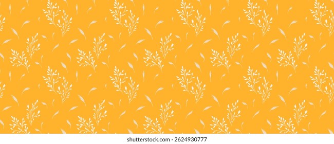 Seamless botanical pattern with delicate  tiny branches and small leaves bright yellow background. Plain nature ornament for fabric, wallpaper, stationery, packaging, and elegant designs