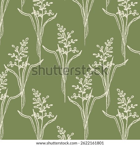 Seamless botanical pattern with delicate white grass on green. Vector plant background. Perfect for eco-textiles, packaging, fabrics, paper and wallpaper.