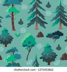 Seamless botanical pattern with different forest trees and plants. Vector illustration of a summer or spring forest at night that can be used for wrapping, textile, fabric and other decorations.
