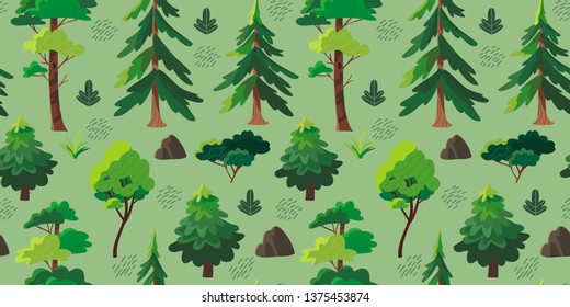 Seamless botanical pattern with different forest trees and plants. Vector illustration of a summer or spring forest that can be used for wrapping, textile, fabric and other decorations.